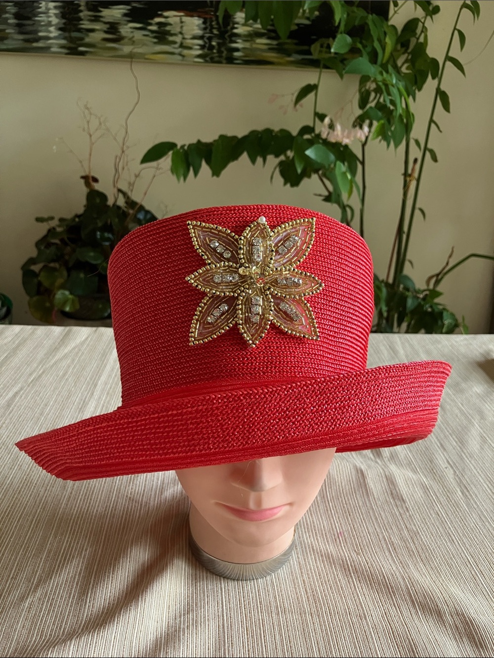 Red Straw Wide-Brim Hat with Gold Rhinestone Beaded Floral Accent